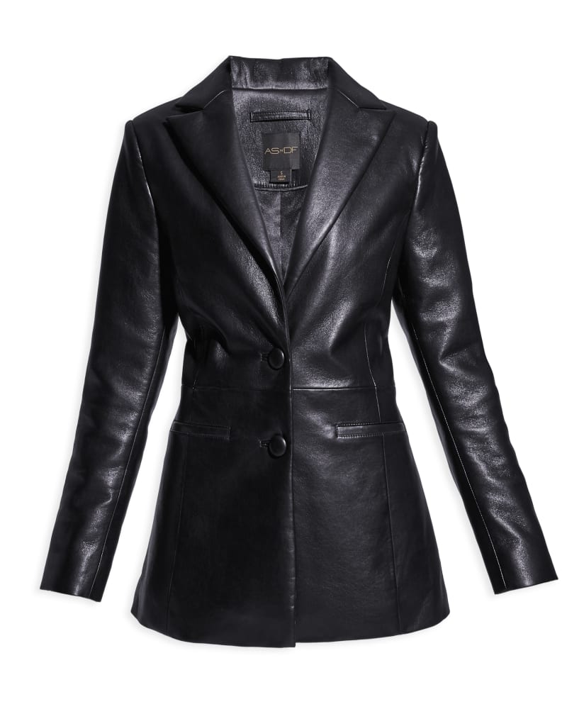 Front of a size L JORDAN RECYCLED LEATHER BLAZER in Black by AS by DF. | dia_product_style_image_id:321795